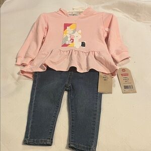 Levi's Pink Ruffle Top and Blue Denim Jeans Set